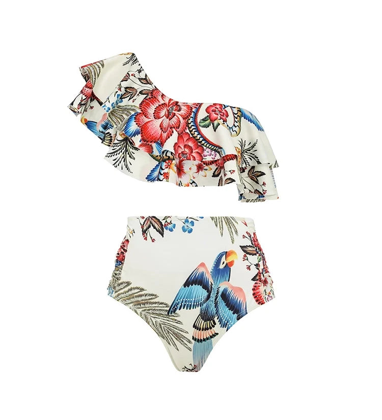 Tropical Toucan Ruffle One-Shoulder Bikini