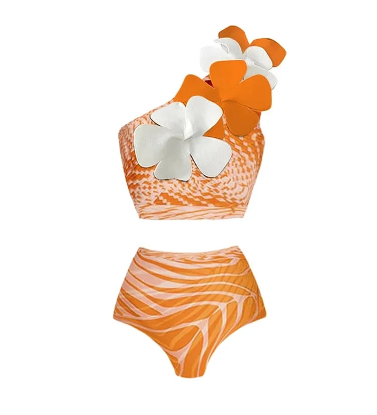 One-Shoulder Floral Salmon Print Bikini Set