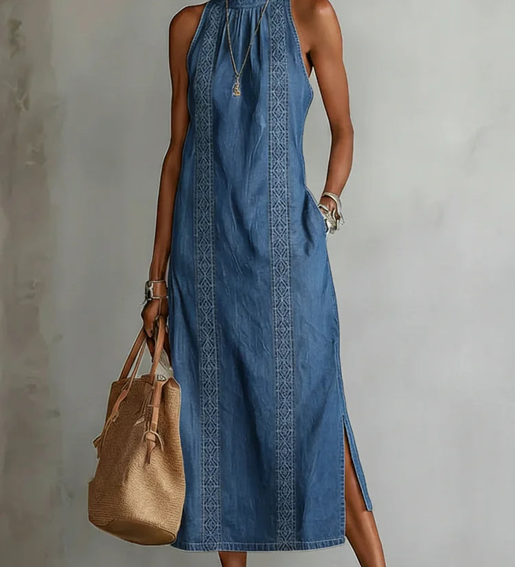 Isabel | Vestido de Jean com Detalhes em Renda Vintage