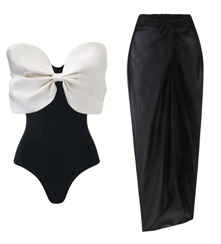 Black and White Bow One Piece Swimsuit Set