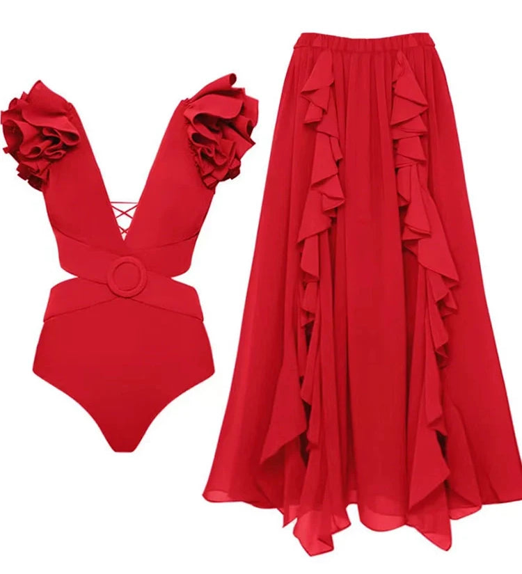 3D Floral Shoulder Embellished Cutout Swimsuit
