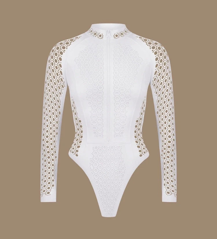 White Mesh Zipper Rash Guard Swimsuit