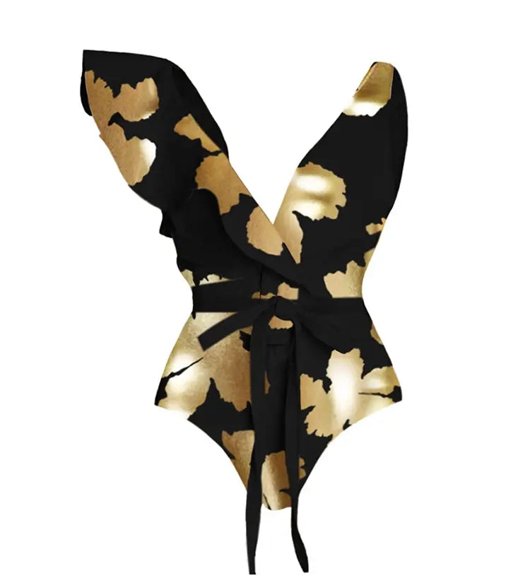 Foil Print Deep V Ruffle One Piece Swimsuit