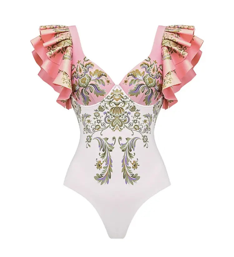V Neck Ruffle Patchwork Ethnic Print Swimsuit
