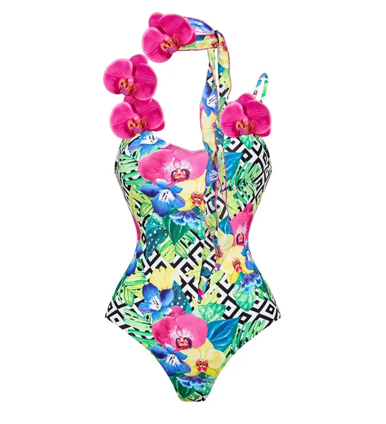 Orchid Strap Print Spaghetti Swimsuit Set