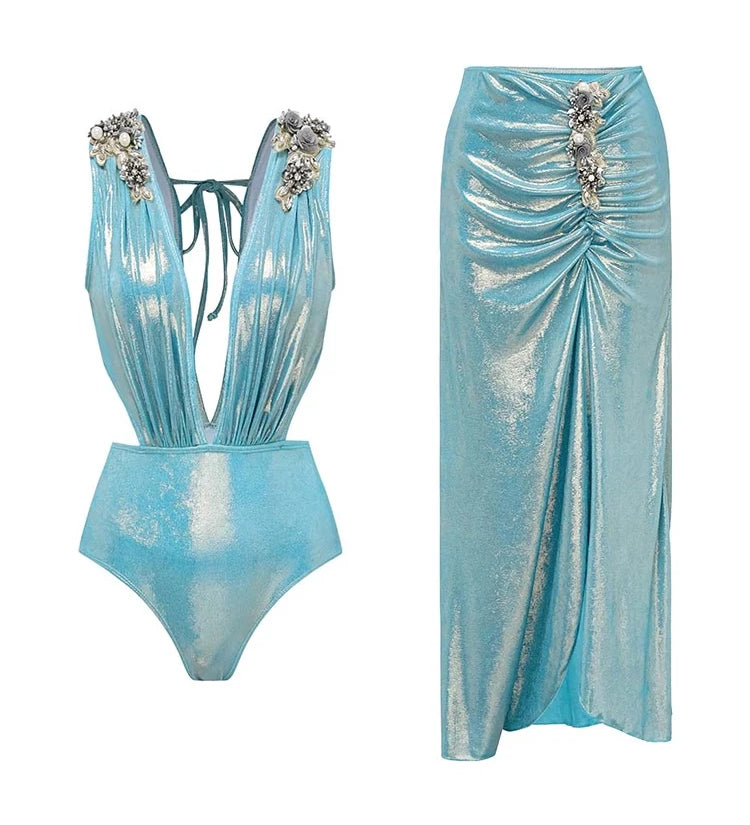 3D Butterfly Blue Glossy Swimsuit Set