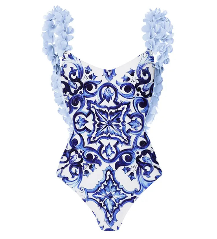 Blue One-Piece Bikini with Handmade Appliqué