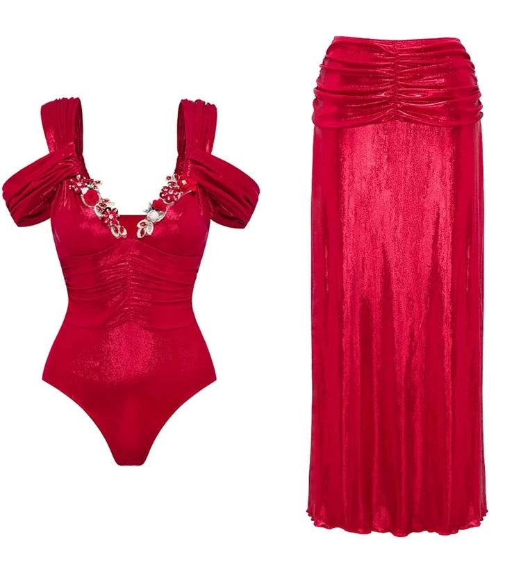 Red Glossy One-Piece with 3D Butterfly