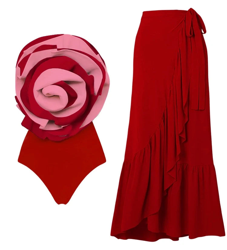 Red Statement Floral Contrast Swimsuit Set