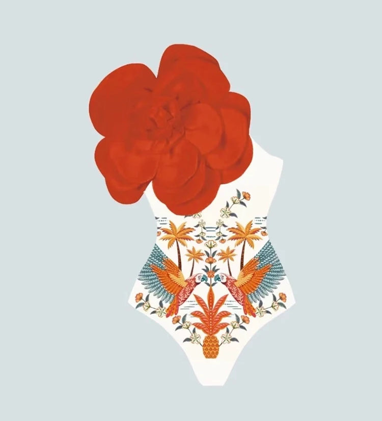 Floral Print One-Piece with 3D Flower Detail