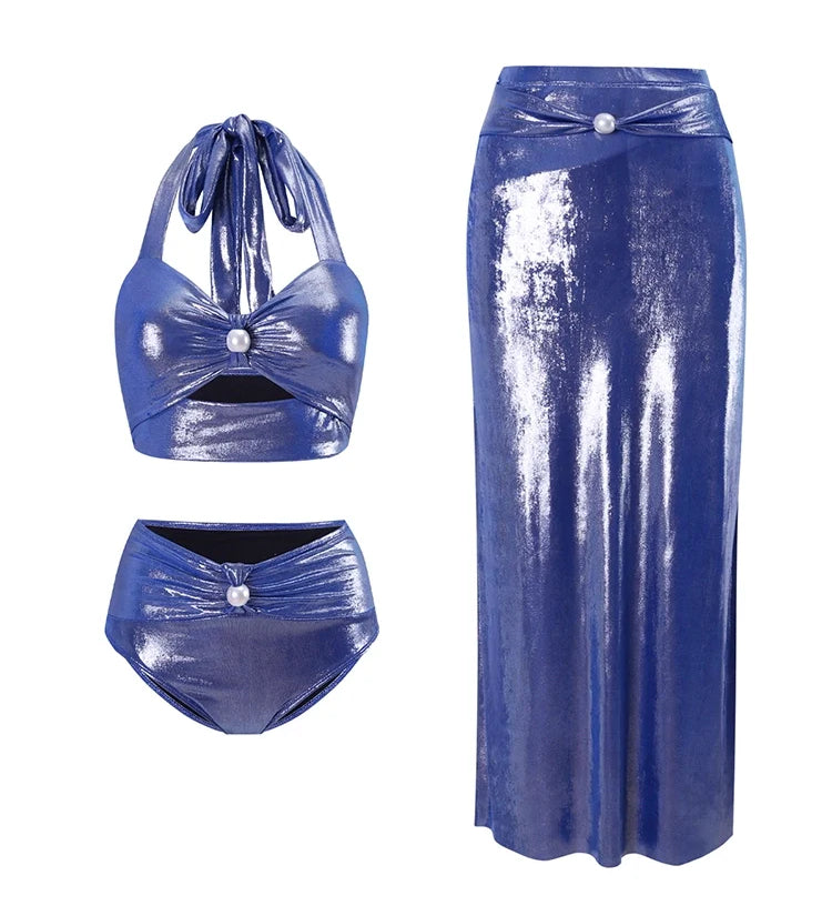 Glossy Mist Deep V Halter Pearl Swimsuit