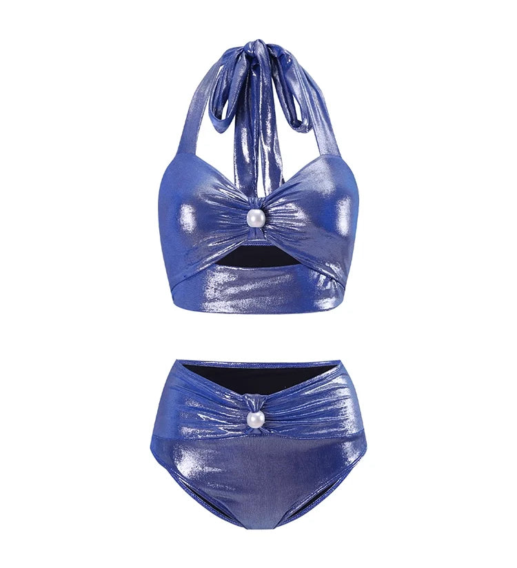 Glossy Mist Deep V Halter Pearl Swimsuit