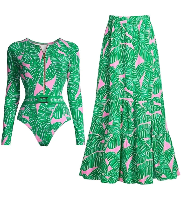 Green Zip-Up Floral Surf Set