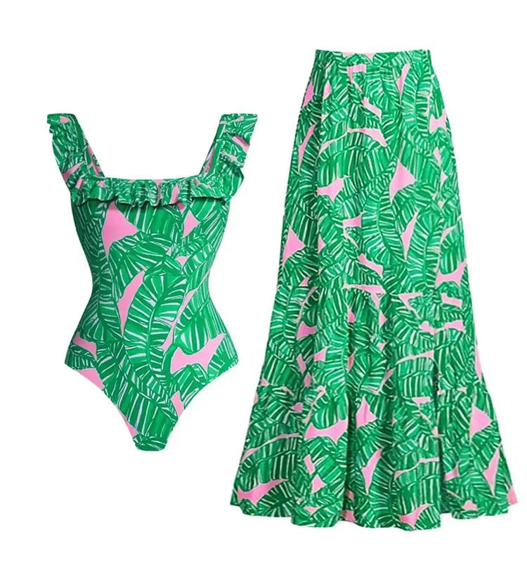 Green Ruffle Print One Piece Swimsuit