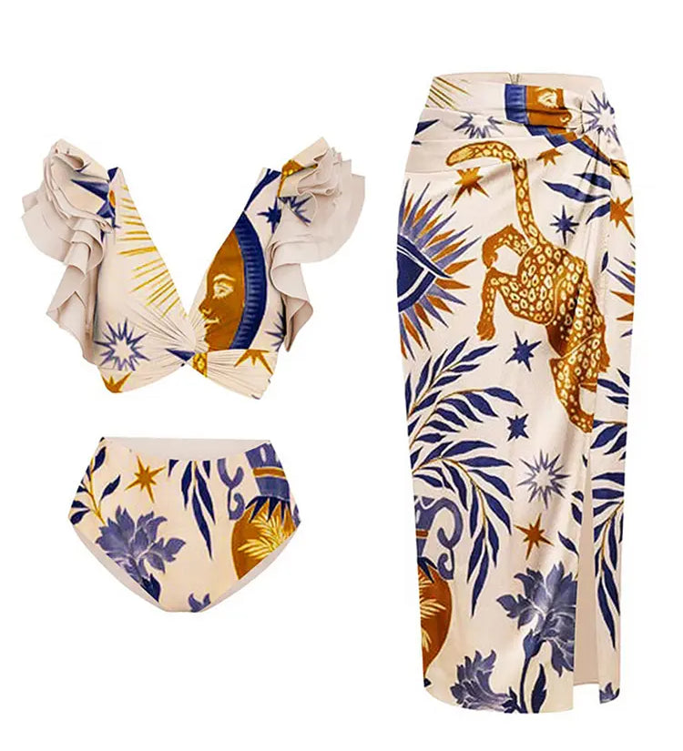 Ruffled Ethnic Print Bikini Set for Women