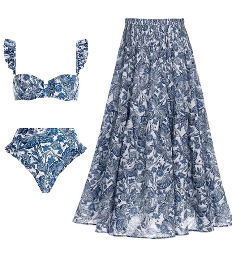 Blue Dragonfly Ruffle Skirt Swimsuit Set