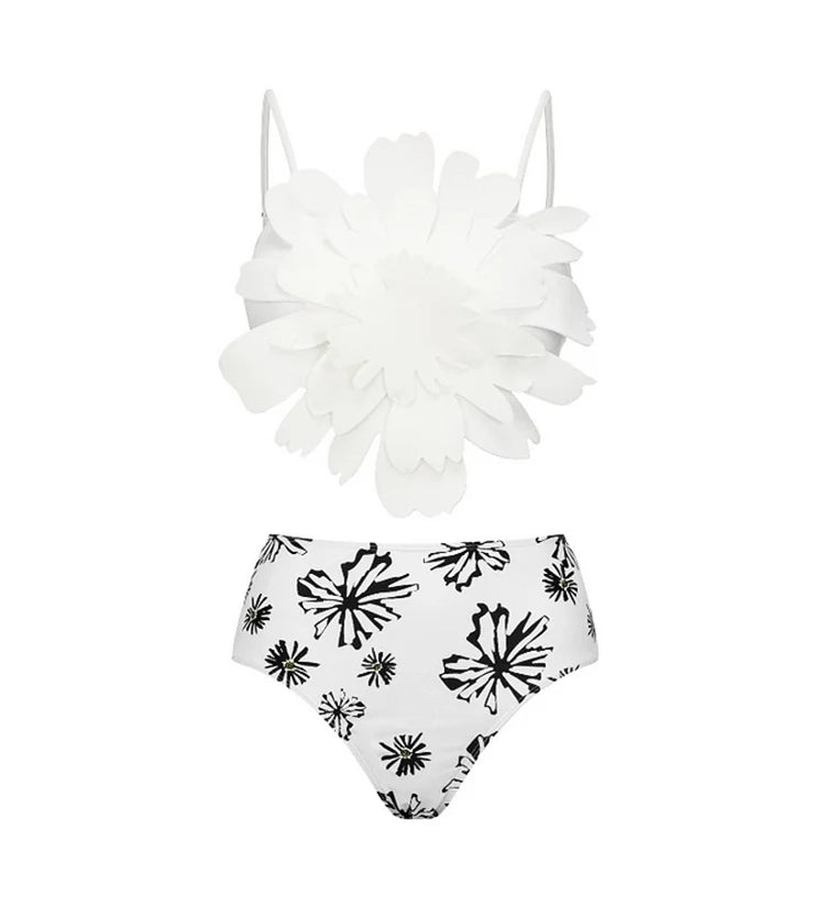 Floral Trim White Printed Bikini Set