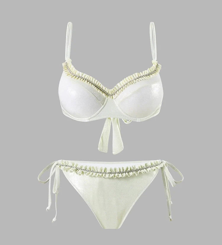Ruched Tie-String Glossy White Bikini Set