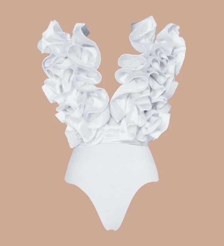 White V-Neck Ruffle Swimsuit