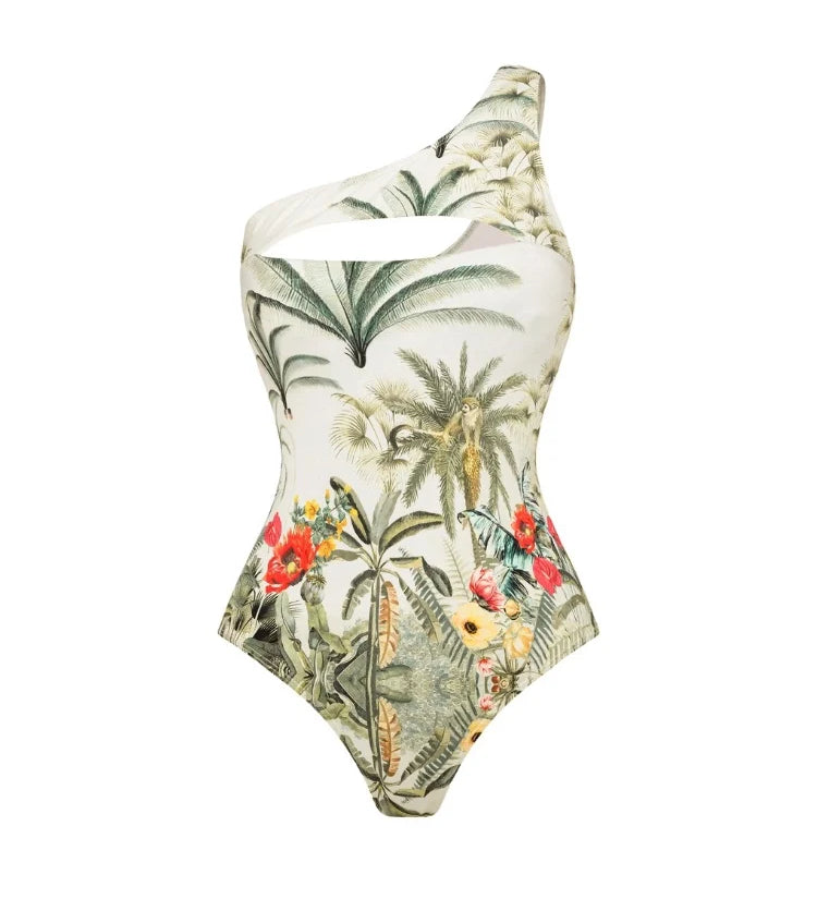 One-Shoulder Cutout Tropical Print Swimsuit
