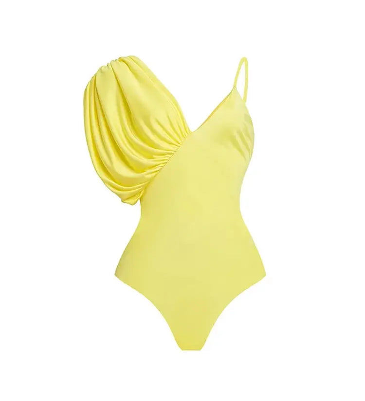 Puff Sleeve Solid Color Elegant Swimsuit