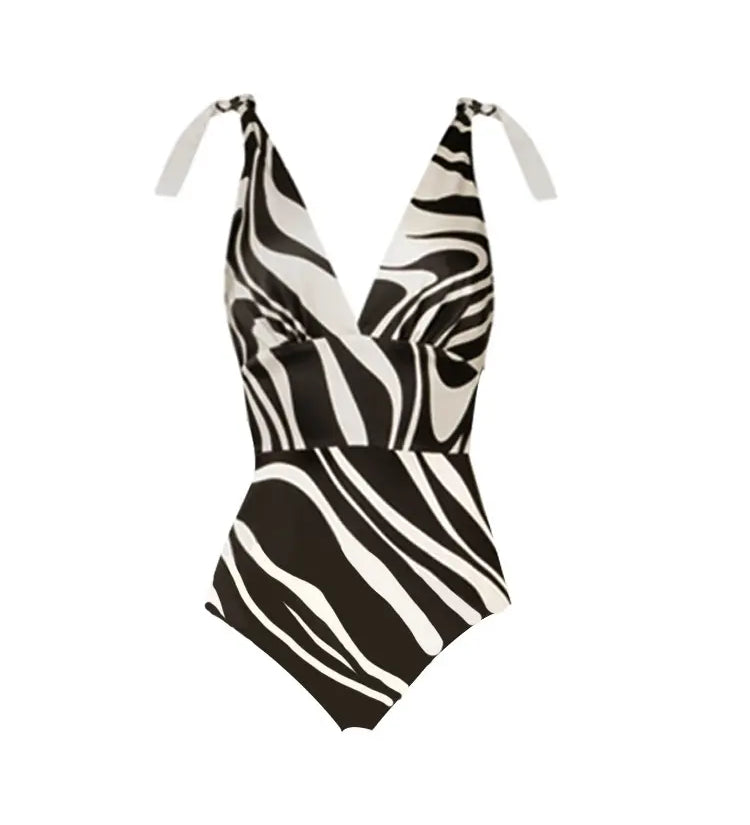 Deep V Striped Monochrome Elegant Swimsuit