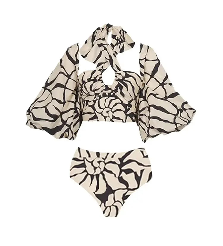 Halter Printed Swimsuit Set with Detachable Sleeves