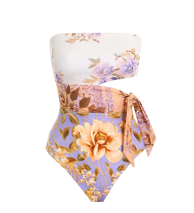 Cutout Floral Tie-Waist One-Piece Swimsuit