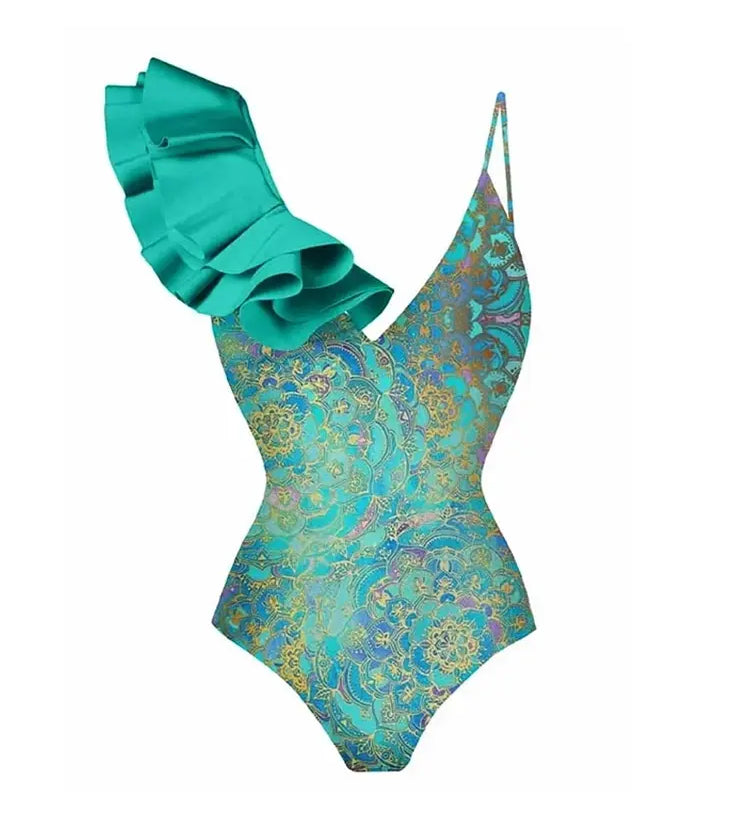 Boho Ruffle Print One Piece Swimsuit Set