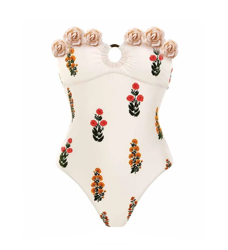 Strapless Floral Embellished One-Piece Swimsuit