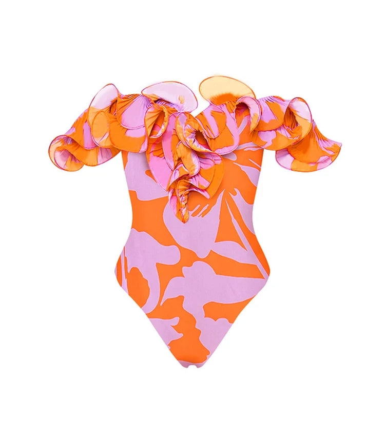Strapless Ruffle Floral Print One Piece Swimsuit