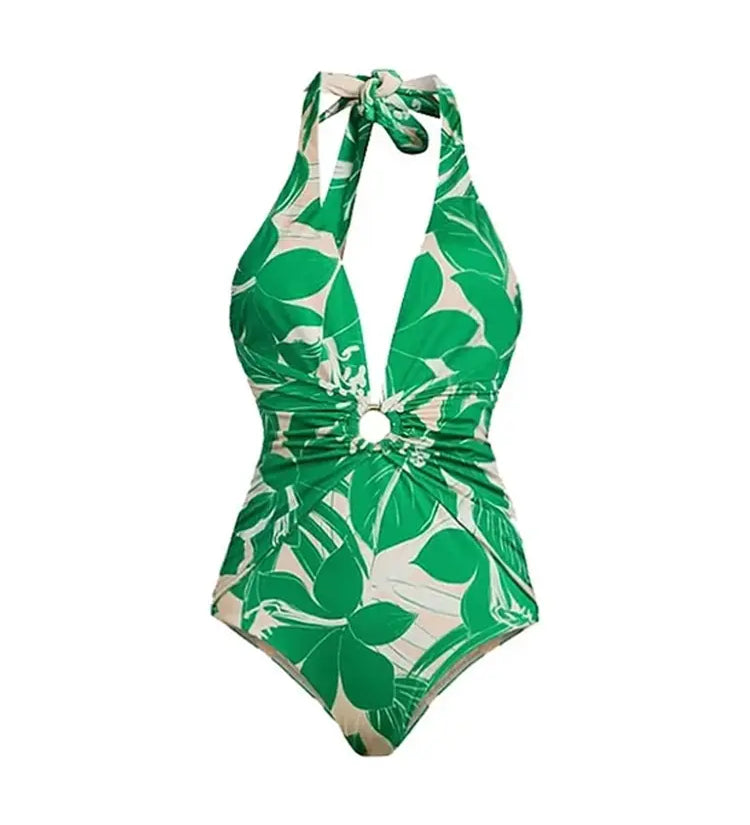 Green Halter Deep V One-Piece Swimsuit Set