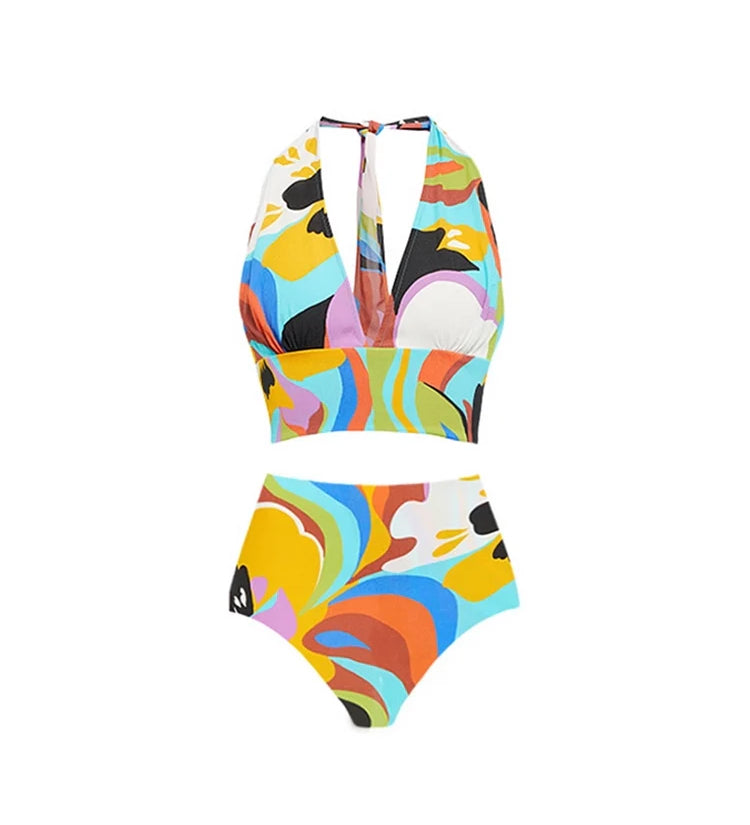 Deep V Halter Neck Print Sexy Swimsuit Set