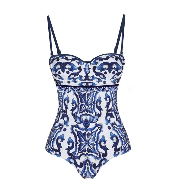 Porcelain Print One Piece Swimsuit Set