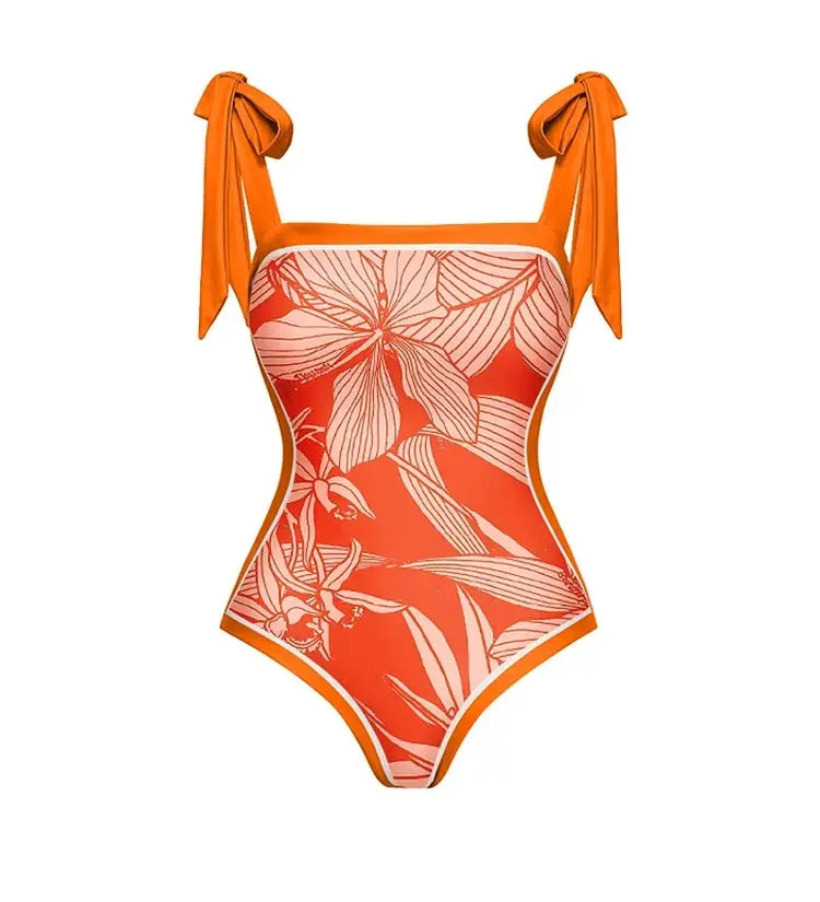 Tie Strap Print One Piece Swimsuit Set