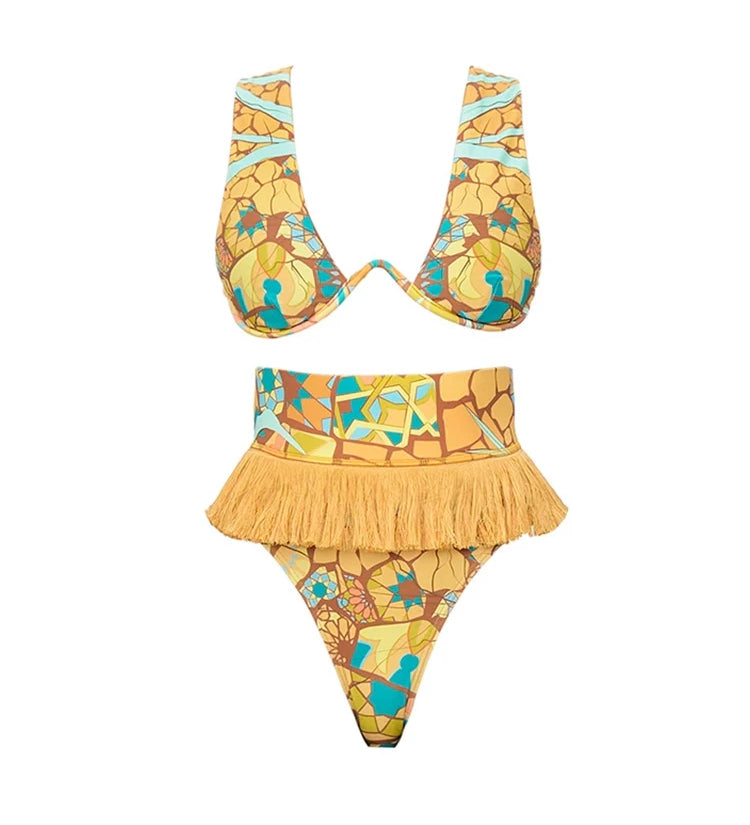 Boho Tassel Tribal Print Bikini Set