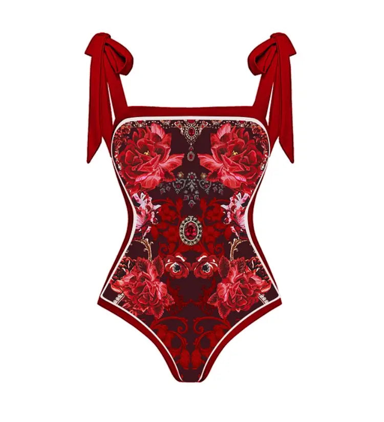 Red Floral Bow Tie Swimsuit Set