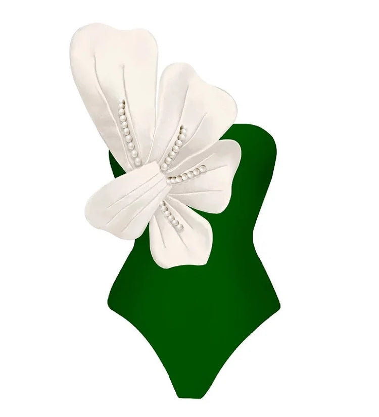 Green Swimsuit Set Pearl Floral Embellishments
