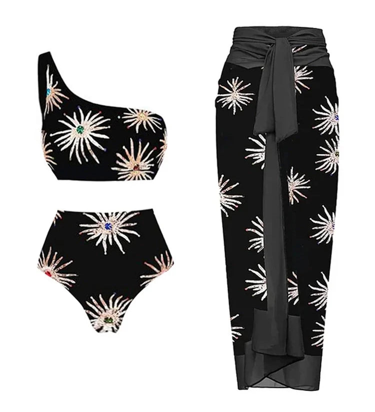 One-Shoulder High-Waist Printed Bikini Set