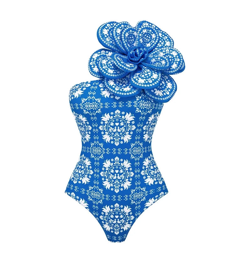 3D Floral Decor Ethnic Print Swimsuit