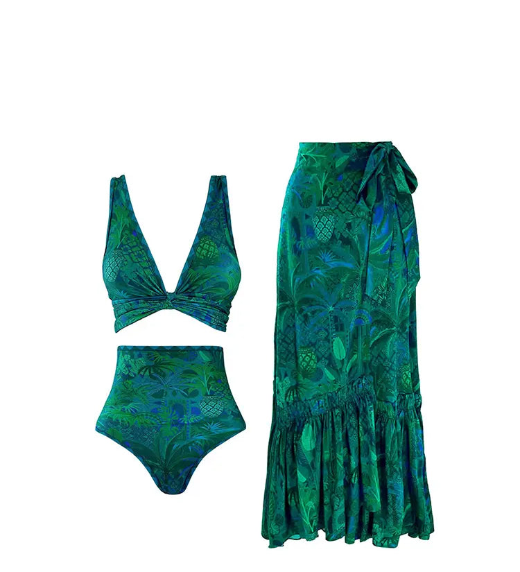 Reversible Green Print High-Waist Bikini Set