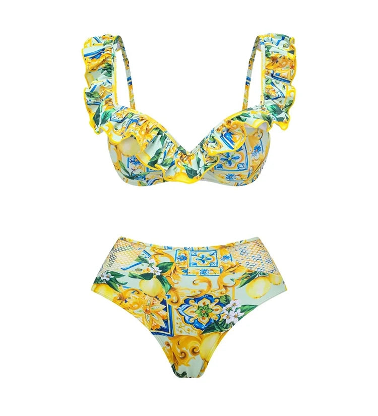 Lemon Print Ruffle Bikini Set