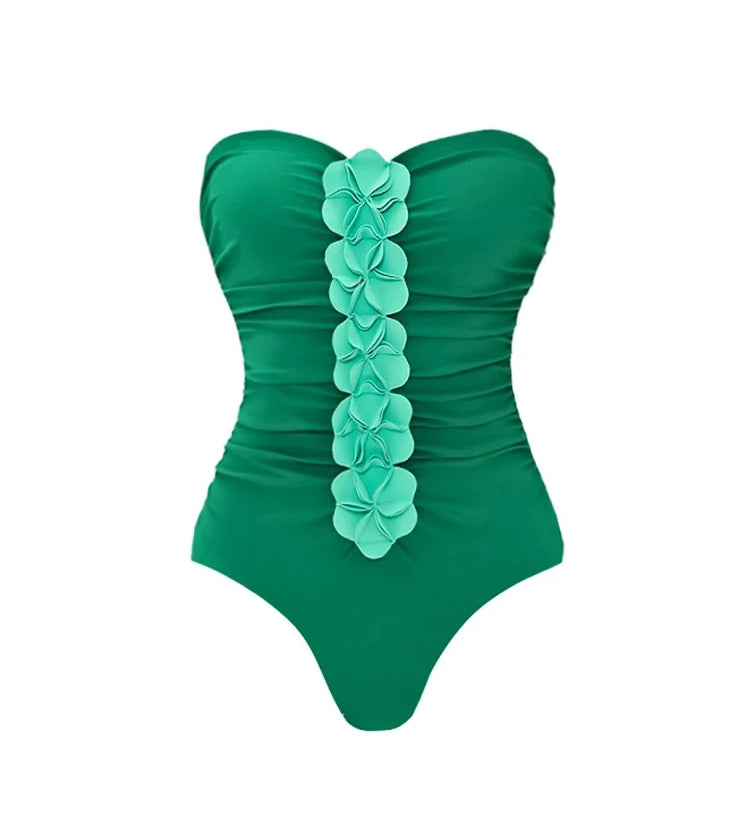 Green 3D Floral Strapless Swimsuit