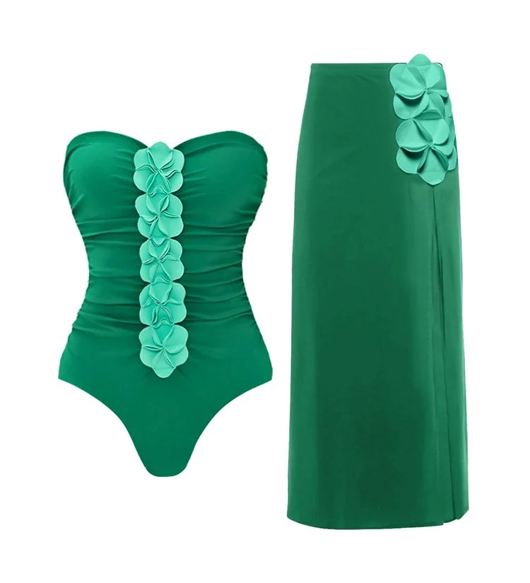 Green 3D Floral Strapless Swimsuit