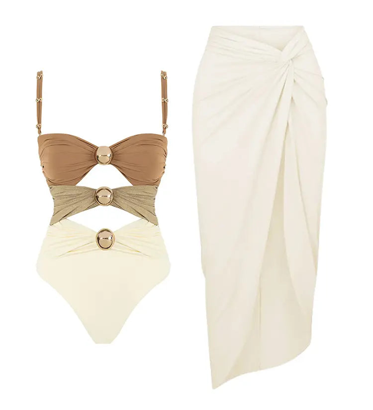 Morandi Colorblock High-Waist Hot Spring Swimsuit Set