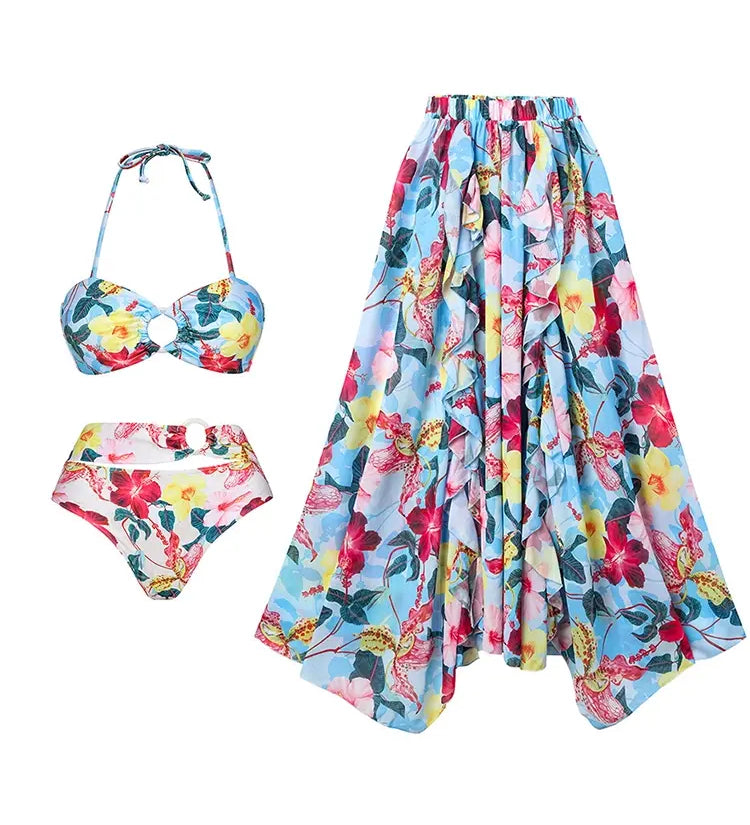 One Piece Cutout Printed Swimsuit Set