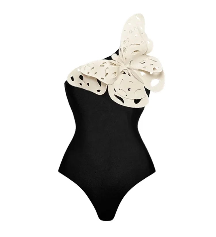 3D Butterfly Decor Black Swimsuit Set