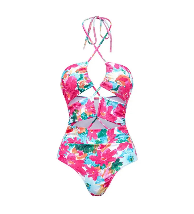 Print Cutout One Piece Swimsuit Set