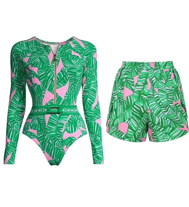 Green Printed Surf Shorts Set