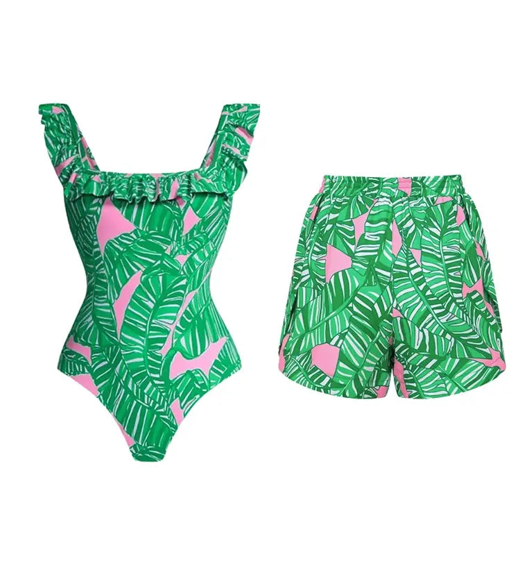 Green Ruffle Print One Piece Swimsuit